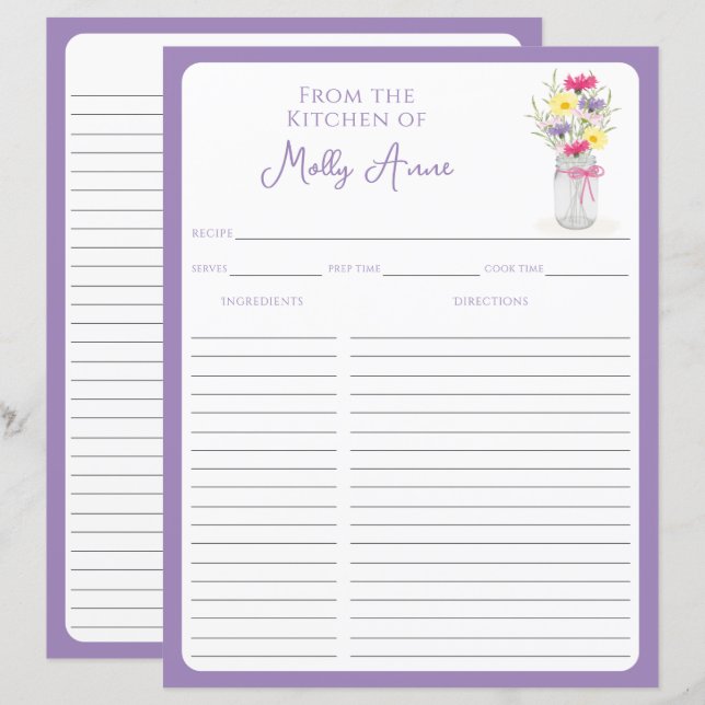 Wildflowers Mason Jar Purple Country Recipe Sheets (Front/Back)