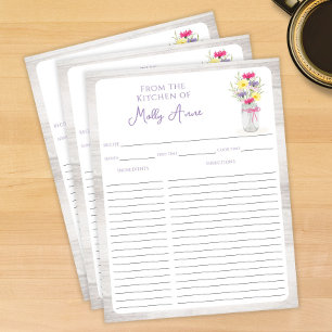 Wildflowers Mason Jar Purple Rustic Recipe Sheets