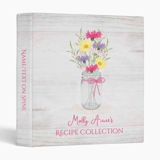 Wildflowers Mason Jar Vase Pink Rustic Recipe Binder (Front/Spine)