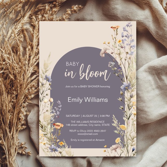 Wildflowers meadow elegant boho baby shower invitation (A little wildflower elegant rustic boho watercolor baby shower invitation, baby in bloom)