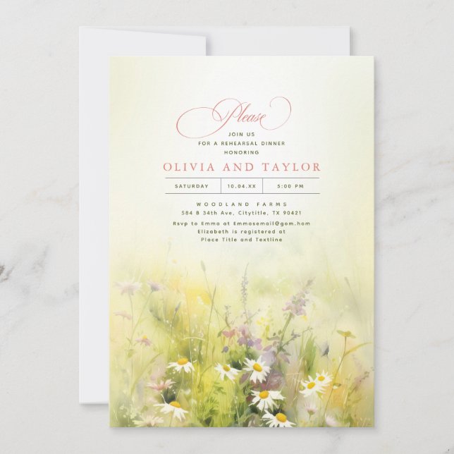 Wildflowers Meadow Elegant Summer Rehearsal Dinner Invitation (Front)