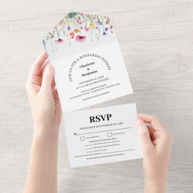Wildflowers Menu Choice Rehearsal Dinner All In One Invitation (Tearaway)