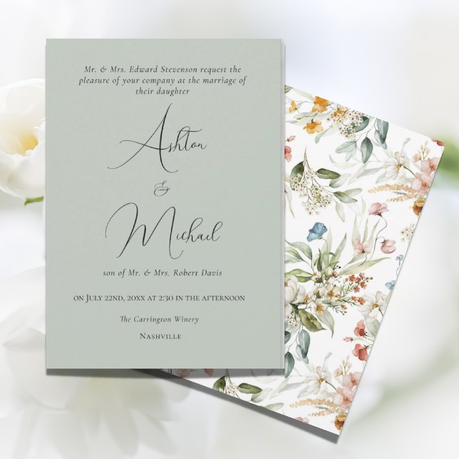 Wildflowers Minimalistic Sage Green Modern Wedding Invitation (Creator Uploaded)