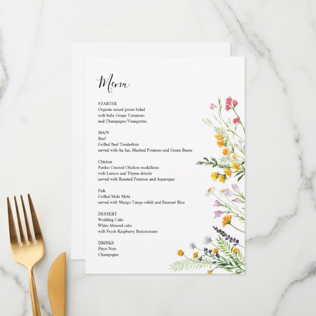 Wildflowers modern Menu card monogrammed on back (Front/Back In Situ)