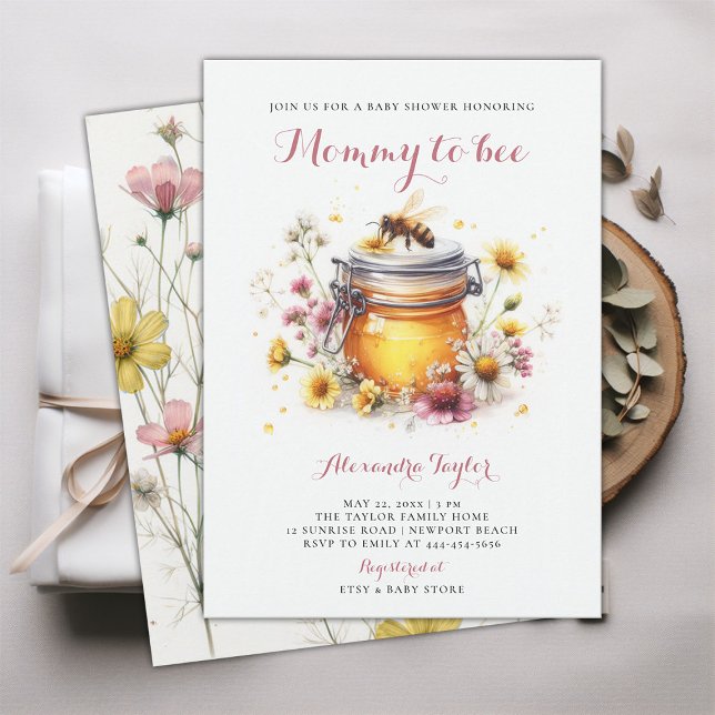 Wildflowers Mommy to Bee Honey Baby Girl Shower Invitation (mommy to bee baby girl shower invitation watercolor illustration cute adorable whimsical wildflowers)