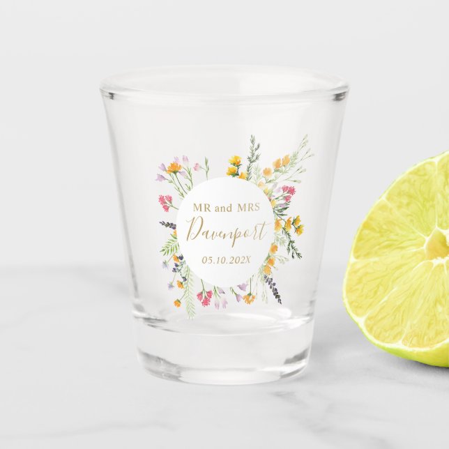 Wildflowers Mr and Mrs Wedding  favour  Shot Glass (Front)