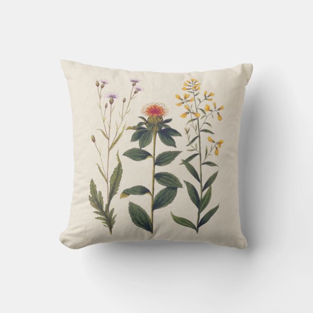 Wildflowers Nature Lover Antique Print Throw Pillow (Front)