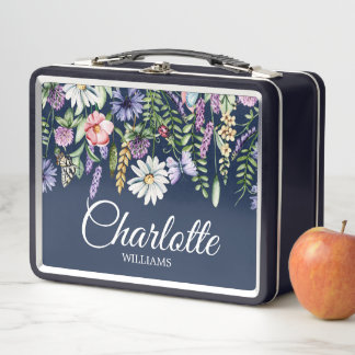 Wildflowers Navy Blue Personalized Kids Metal Lunch Box