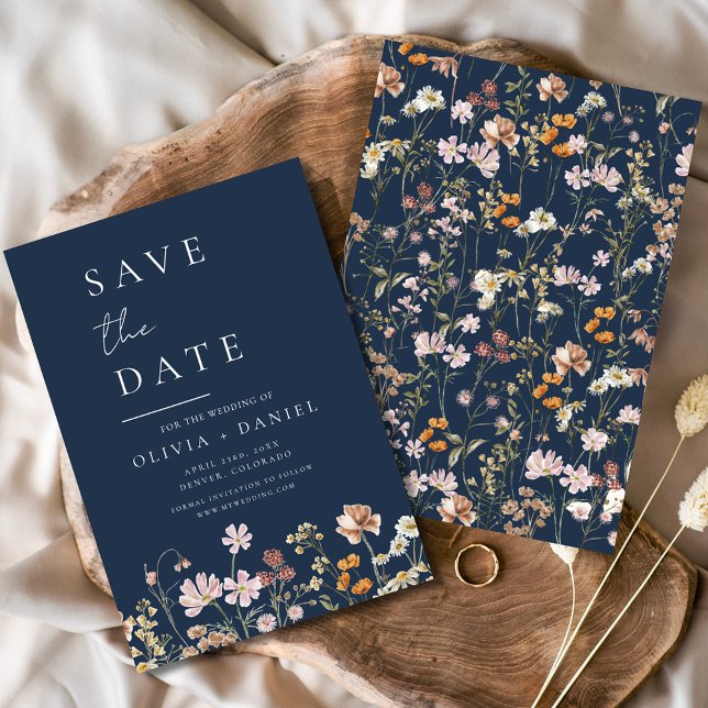 Wildflowers Navy Blue Save the Date Minimalist  (Creator Uploaded)