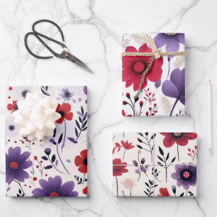 Wildflowers Navy Red Purple Wrapping Paper Sheet