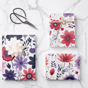 Wildflowers Navy Red Purple Wrapping Paper Sheet