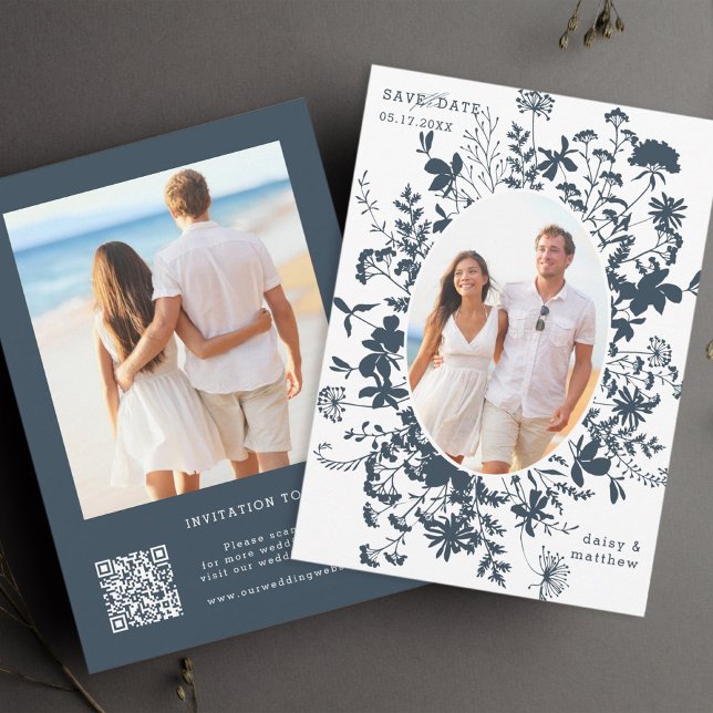 Wildflowers Navy Silhouette 2 Photo Wedding  Save The Date (Creator Uploaded)