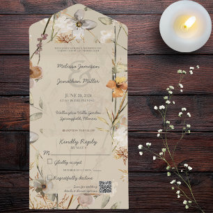 Wildflowers on Beige with QR Code All In One Invitation