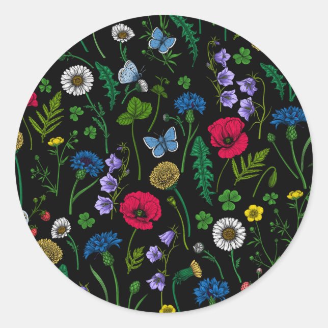 Wildflowers on black classic round sticker (Front)