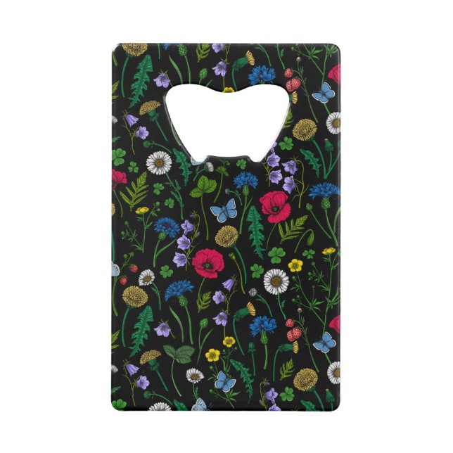 Wildflowers on black credit card bottle opener (Front)
