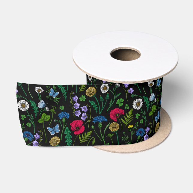 Wildflowers on black satin ribbon (Spool)