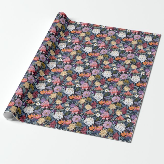 Wildflowers on Black Wrapping Paper (Unrolled)