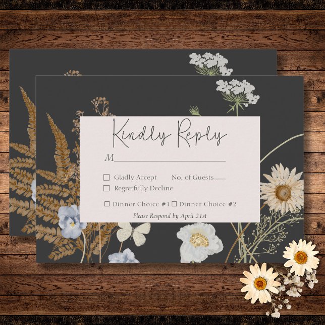 Wildflowers on Charcoal Wedding RSVP Card (Wildflowers on Charcoal Wedding QR Code RSVP Card)