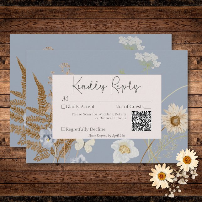 Wildflowers on Dusty Blue Wedding QR Code RSVP Card (Wildflowers on Dusty Blue Wedding QR Code RSVP Card)