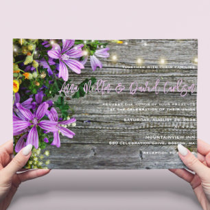 Wildflowers on Wood String Lights Rustic Wedding Invitation