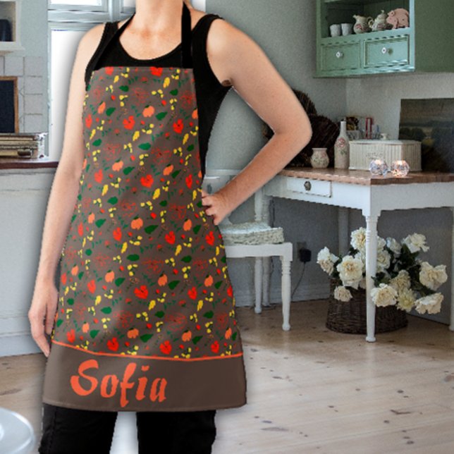 Wildflowers pattern poppy brown  apron (Creator Uploaded)