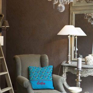 Wildflowers pattern poppy turquoise throw pillow