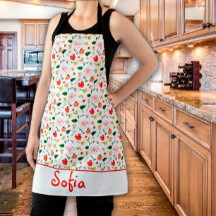 Wildflowers pattern poppy white apron