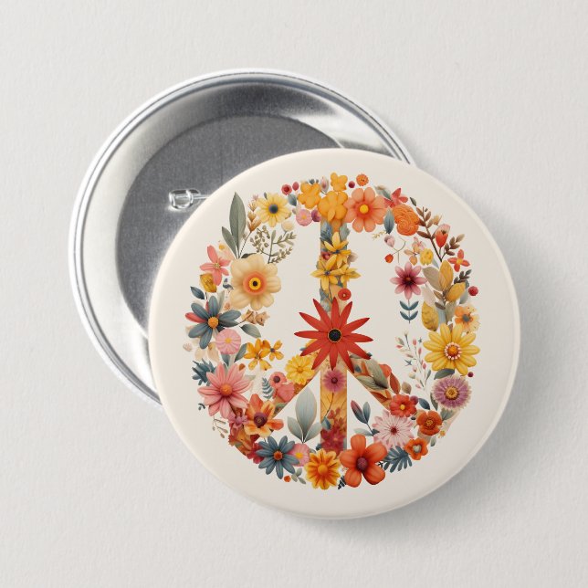 Wildflowers Peace Sign floral wreath 3 Inch Round Button (Front & Back)