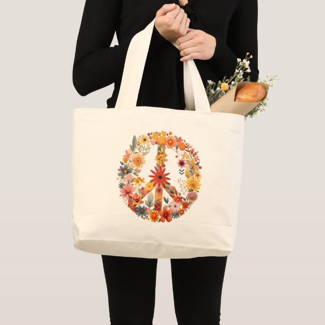 Wildflowers Peace Sign floral wreath Large Tote Bag (Front (Product))