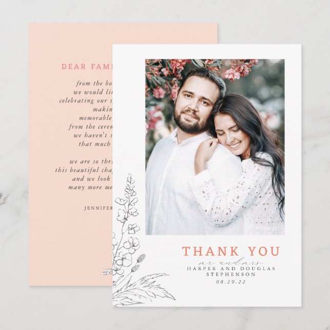 Wildflowers Peach Elegant Wedding Thank You Photo (Front/Back)