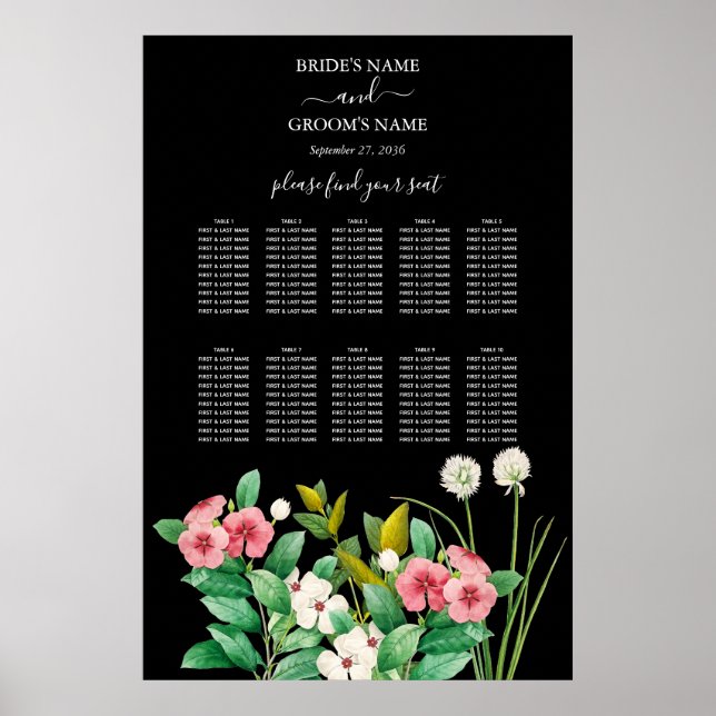 Wildflowers Periwinkle Black Wedding Seating Chart (Front)