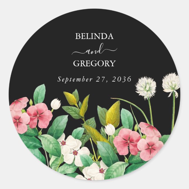 Wildflowers Periwinkle Watercolor Black Wedding   Classic Round Sticker (Front)