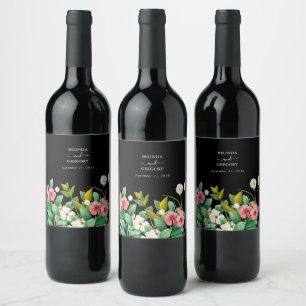 Wildflowers Periwinkle Watercolor Black Wedding Wine Label