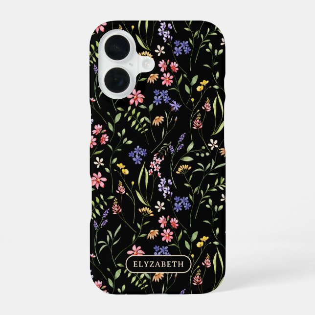 Wildflowers Personalized Name Black iPhone 16 Case (Back)