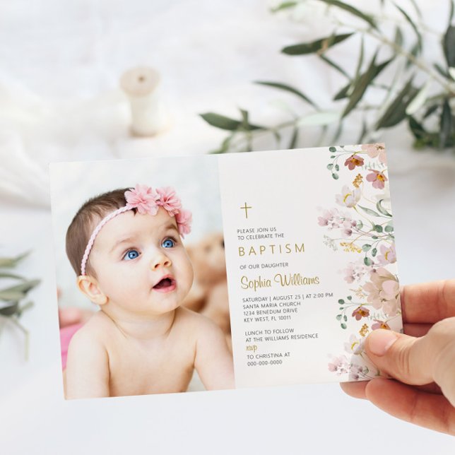 Wildflowers Photo Girl Baptism | Pink & Red Flower Invitation (Creator Uploaded)