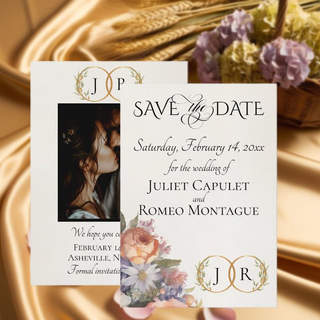 Wildflowers, Photo & Leaf Monogram - Ivory Save The Date (Creator Uploaded)