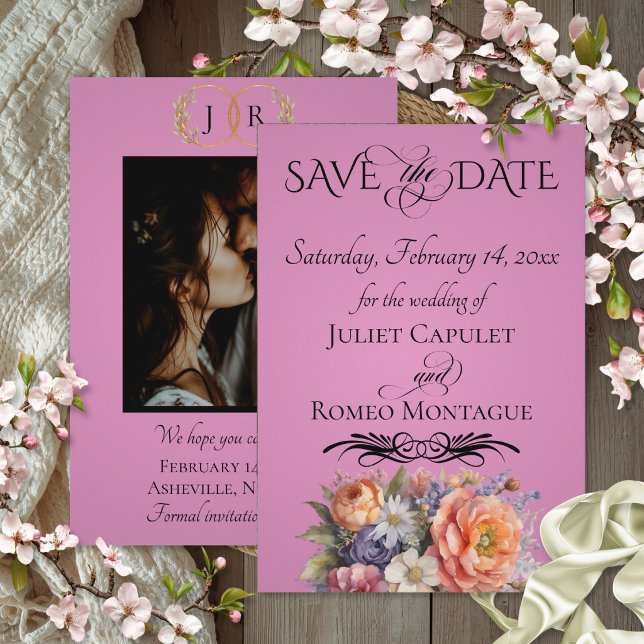 Wildflowers, Photo & Leaf Monogram - Rose Pink Save The Date (Creator Uploaded)