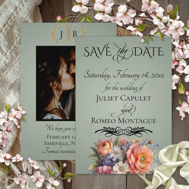 Wildflowers, Photo & Leaf Monogram - Sage Save The Date (Creator Uploaded)