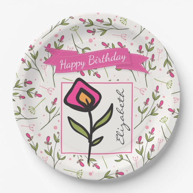Wildflowers - Pink and Orange Petals Birthday Paper Plate (Front)