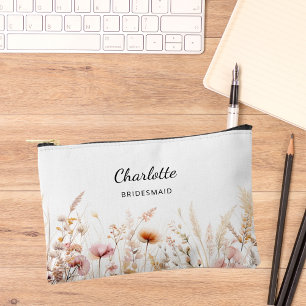 Wildflowers pink beige bridesmaid name accessory pouch