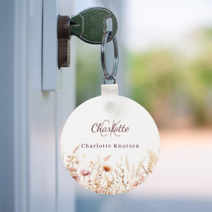Wildflowers pink beige monogram keychain