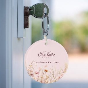 Wildflowers pink beige monogram name keychain