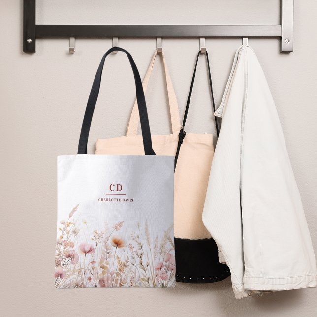 Wildflowers pink beige monogram name tote bag (Creator Uploaded)