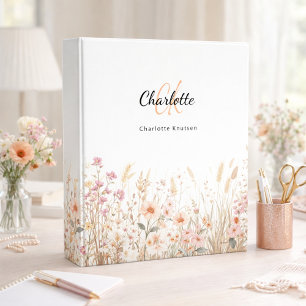Wildflowers pink beige yellow monogram binder