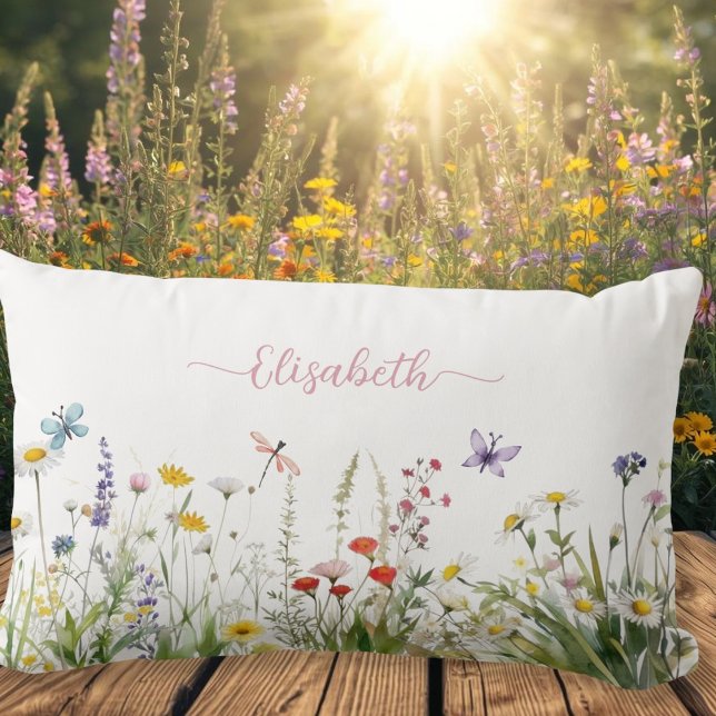 Wildflowers Pink Script Name Lumbar Pillow (Wildflowers Pink Script Name Lumbar Pillow)