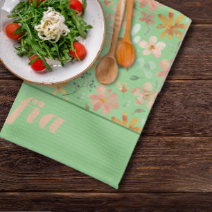 Wildflowers pink yellow pattern custom name green kitchen towel