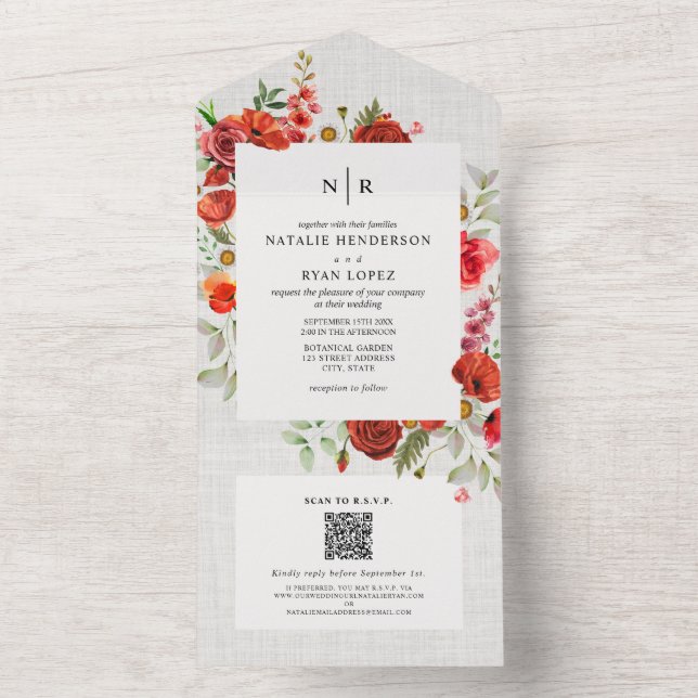 Wildflowers Poppy Red Floral Linen Wedding QR RSVP All In One Invitation (Inside)