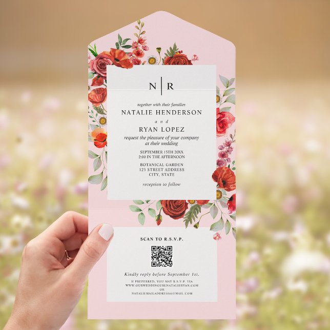Wildflowers Poppy Red Floral Pink Wedding QR RSVP All In One Invitation (Creator Uploaded)