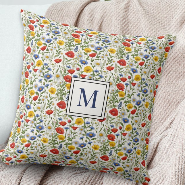 Wildflowers Pretty Floral Pattern Monogram Throw Pillow (A monogrammed throw pillow with pretty wildflowers pattern in bright summer colors)