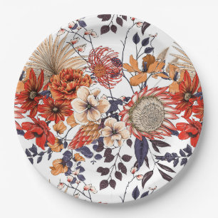 Wildflowers protea and foliage purple orange gold  paper plate